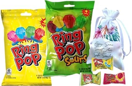 Ring Pop Sours Individually Wrapped 8 Count Lollipop Suckers w/Assorted Flavors | Fun Candy For Birthdays, Party Favors, Pool Parties, Summer Fun Treats Bundle with a Soko Smiles Candy Pocket Bag.