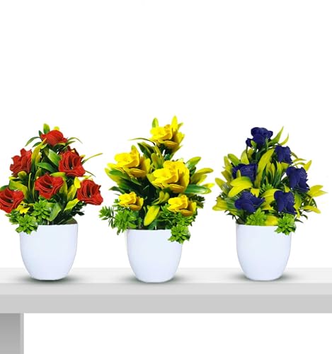 Image of Artificial Flower Plants for Home Decor - Set of 3 Mini Potted Plants (7 Inch) in White Pots | Yellow, Red & Blue Faux Flowers for Living Room, Office, Indoor Outdoor Decoration