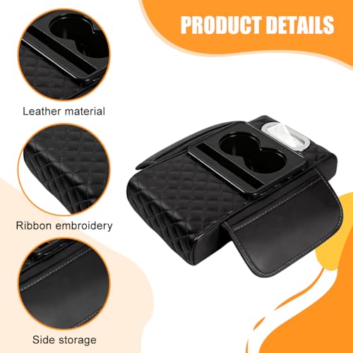 Image of Car Armrest Cushion, 5-in-1 Nappa Leather Vehicle Centre Console Cover with 2 Storage Pockets, Cup Phone & Phone Holder, Multifunctional Auto Organiser Accessories, Universal Fit (Black)