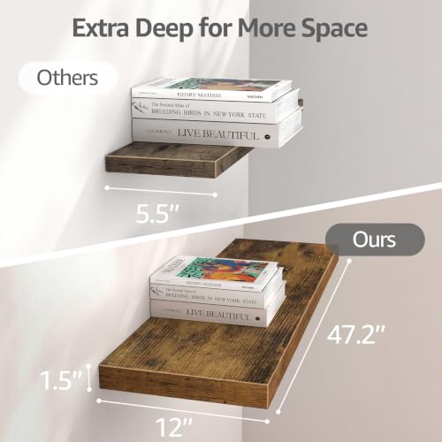 Image of QEEIG 12 inch Deep Floating Shelves for Wall - 12 x 48 inch Book Shelf Bathroom Bedroom Kitchen Living Room Hanging Bookshelf Farmhouse Set of 3, Brown (026-120BN3)