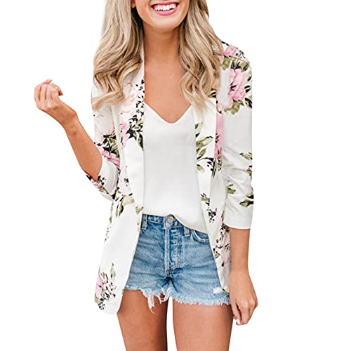 Dawwoti Blazer feminino de manga longa jaqueta floral estampado casaco de ombro longo, Branco, M