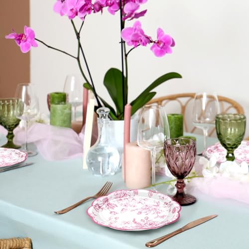 Kochorie 100 Pieces Pink Flower Paper Plates 7 Inches Disposable Floral Paper Plates Scalloped Pink and White Chinoiserie Vintage Flower Dessert Plates for Wedding Birthday Holiday Party Supplies - Thumbnail 6