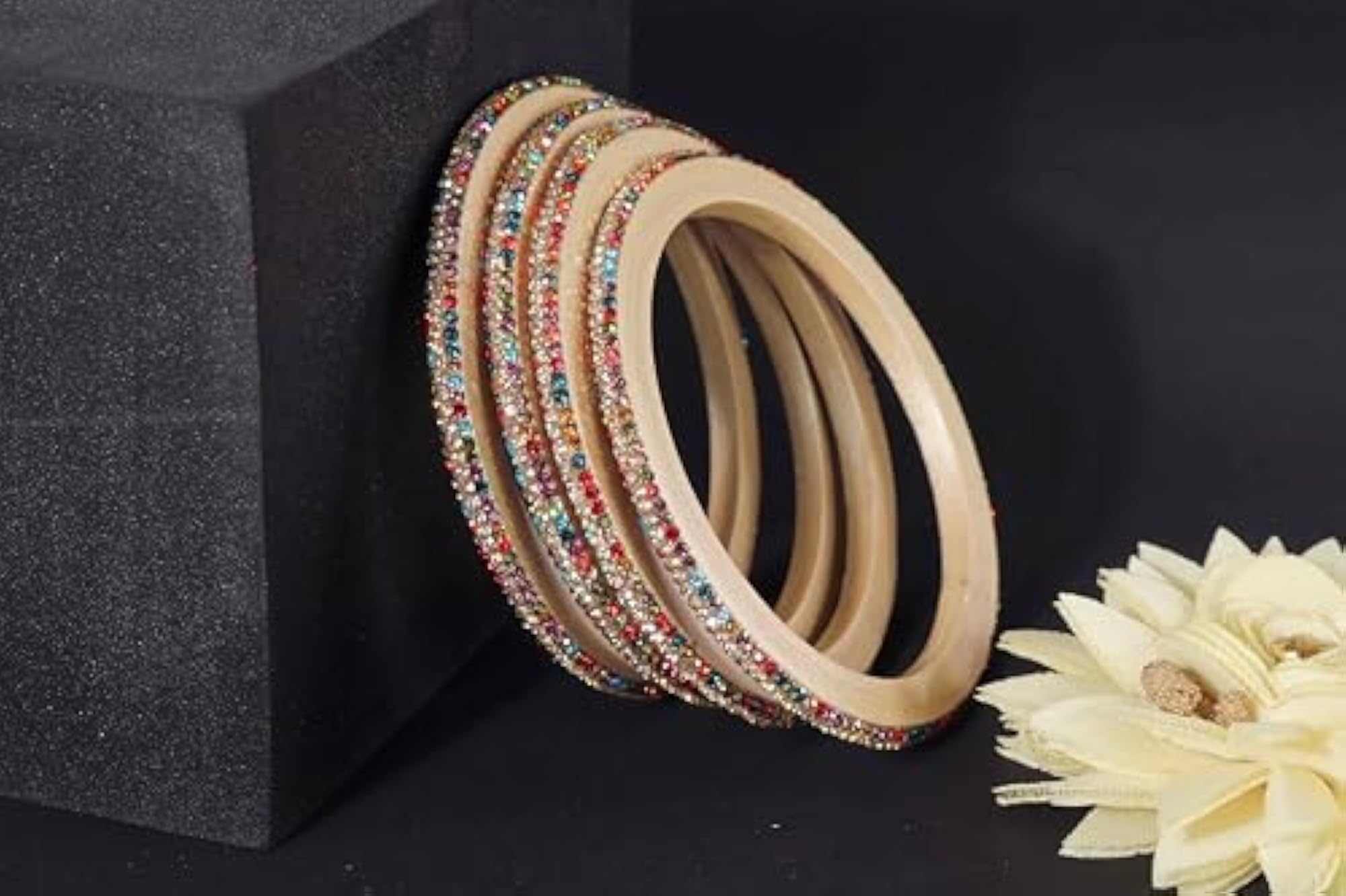 Traditional Lac Bangles Set with Golden Zircon, Rajasthani Style