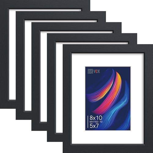 Image of VCK 8x10 Picture Frame 5 Pack, Black Wood, 5x7 Mat, Glass, for Photo Print