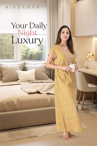 Image of NIHSAMAH Cotton Nighty for Women with Pocket, Premium Printed Long Nighty | Comfortable & Fancy Sleepwear /Nightwear