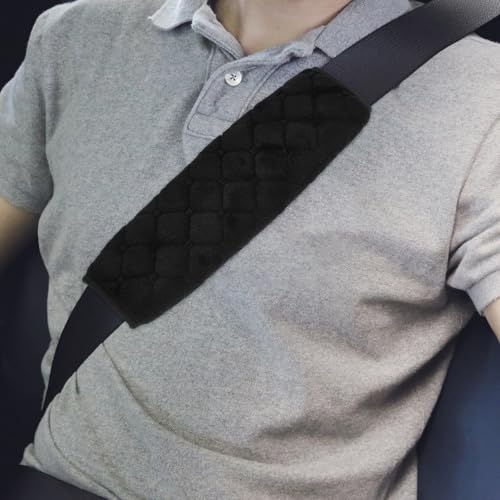 Cabilock Copertura Spallaccio Auto 2 Pezzi in Morbido Peluche Nero Cuscinetti per Cintura di Sicurezza Regolabili Protezione Antifatica per Adulti e Donne Durante la Guida