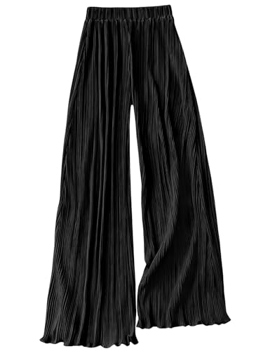 Gihuo Satin Pants for Women Flowy Pleated Pants Silk Plisse Pant Palazzo High Waist Dressy Trousers(Black-XL)