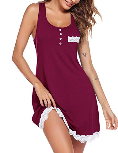 Ekouaer Sleepwear Women Cotton Nightgown Lace Chemise Sleepshirts Racerback Sleep Dress Plus Size Purple Red #TOP11