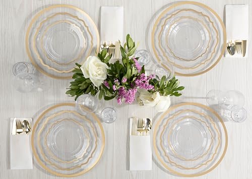 PLASTICPRO 128 Pack Elegant Disposable Plastic Plates Combo Set Bulk Pack Includes 64 Dinner Plates and 64 Salad Plates Heavy Duty Fancy Party Plates Clear with Gold Contemporary Design by PLASTICPRO - Image 4