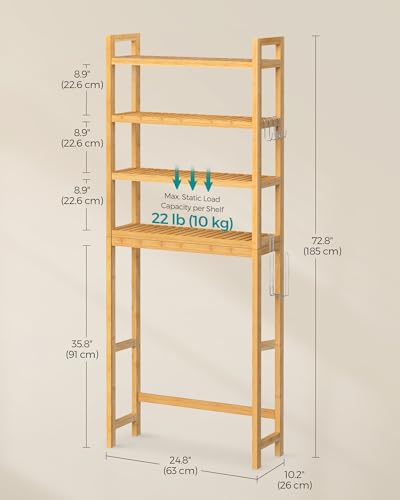 SONGMICS Over The Toilet Storage, 4-Tier Over Toilet Bathroom Organizer with Adjustable Shelves, 10.2 x 24.8 x 72.8 Inches, Space-Saving, Natural Beige UBTS041N01 - Thumbnail 3