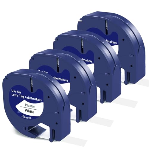 4-Pack BEYONDTEK Label Tape Replacement for Dymo LetraTag Tape LT 91201 91221 12mm x 4m, Black Print on White Labels Compatible with Dymo LetraTag Label Makers LT-100H LT-100T XR