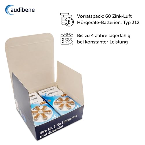 audibene Hörgerätebatterien Typ 312 braun, Batterien für Hörgeräte 60 Stück Vorratspack, Made in Germany, Wireless Approved, quecksilberfrei
