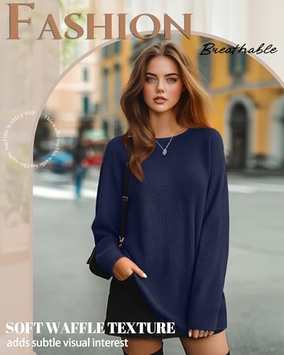 Womens Long Sleeve Shirts Oversized Waffle Knit Cotton Tunic Tops Casual Crewneck Long Shirts Wear with Leggings2