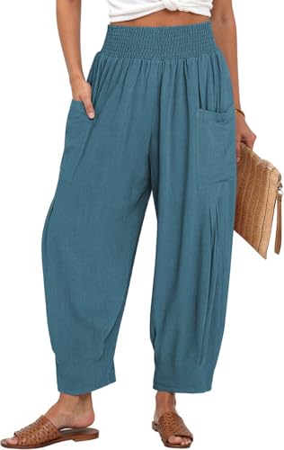 Image of TARSE Women's Linen Wide Leg Pants Baggy High Waist Palazzo Pants | Barrel Leg Fit, Harem Patch Pockets, Loose Casual Style, Breathable Fabric, Vacation Ready