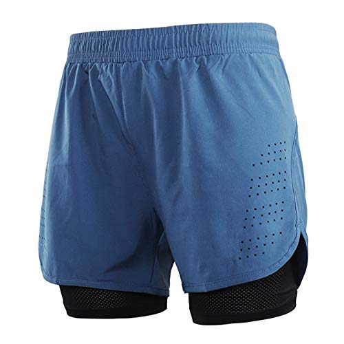 KOIJWWF 2-in-1 Herren-Laufshorts mit Taillenseil Schnelltrocknender Reißverschluss Tasche Marathon Sport-Fitness-Fitness-Shorts mit langem Linner,Blau,M Cover