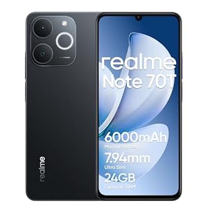 realme Note 70T Smartphone 4+64 GB, Batteria da 6000 mAh, Ricarica rapida da 15 W con supporto alla ricarica inversa da 6 W, RAM dinamica da 24 GB, display da 90 Hz con protezione per gli occhi, nero