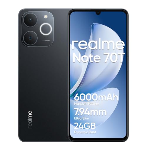 realme Note 70T Teléfono Móvil 4+64 GB, Gran batería de 6000 mAh, Carga rápida de 15 W con Carga inversa de 6 W, RAM dinámica de 24 GB, Pantalla con Modo de Comodidad Ocular de 90 Hz, Negro