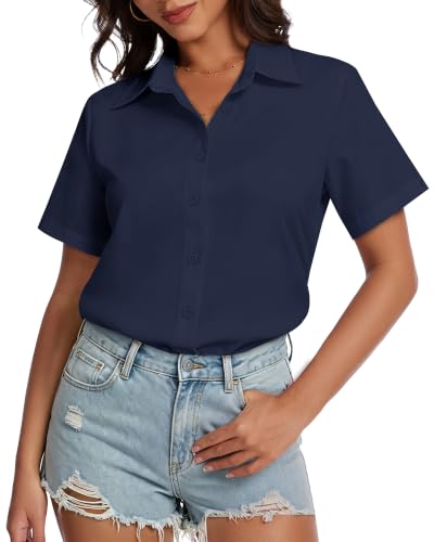 Image of Women Hawaiian Shirt Button Down Summer Tops Beach Short Sleeve Blouse