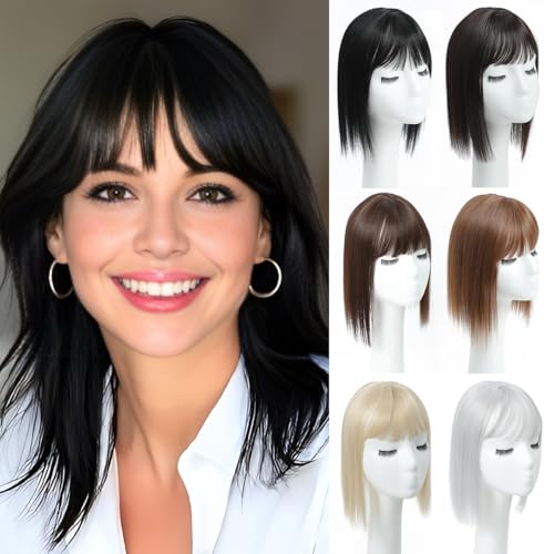 PARXITN Peluca de pelo para mujer, 3 clips, con flequillo, color negro oscuro, 30 cm, pelucas sintéticas, postizos naturales para cabello fino