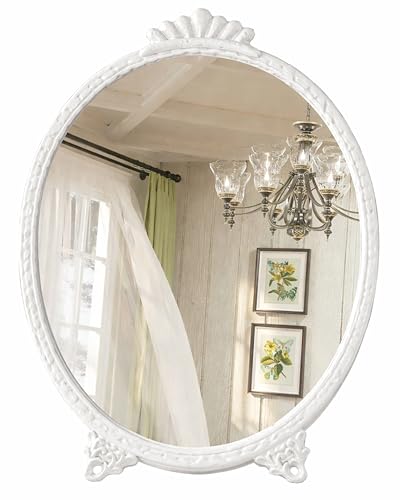 CMGL Gold Vintage Decor Vanity Mirror,Baroque Wall Art Retro Oval Mirror,Antique Wall Mirrors Decorative,Maximalist Decor Mirror for Desk Bedroom Bathroom Dresser Wall-Mounted,11.0" L x 7.9" W White