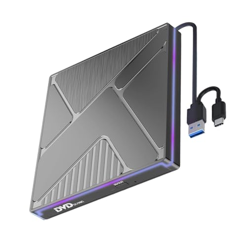 Shuade Unidad de disco externa con iluminación a color, puerto USB 3.0 tipo C, transferencia de datos de velocidad rápida de 24 veces para laptop, USB tipo C, unidad de disco externa