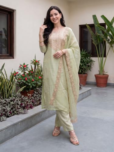 Image of INDO ERA Women's Silk Blend Solid Straight Kurta with Pant & Dupatta Set