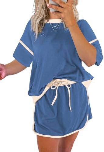 EVALESS Women's 2 Piece Sets Summer Casual Short Sleeve Tops Matching Drawstring Mini Skirt Going Out Lounge Outfits