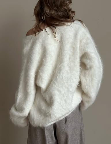 Women's Fuzzy Cardigan V Neck Long Sleeve Button Down Slouchy Furry Sweaters Chunky Knit Mohair Sweater Coat(Apricot-M) — view 3