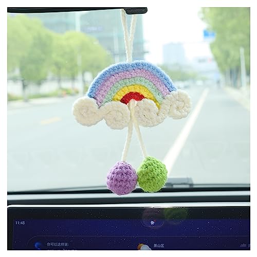 Cute Rainbow Crochet Car Mirror Hanging Accessories - Handmade Knitted Rear View Mirror Decorations for Car Interior - Perfect Car Accessories for Men and Women