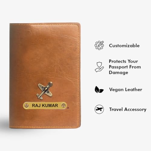 Image of ncgifts Customised Leather Passport Holder: Personalised Name & Charm for Men & Women - Unique Travel Gift, Document Organiser, Boarding Pass Holder, Customised Gifts for Men & Women (Tan)