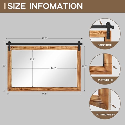Image of COGOOD Farmhouse Bathroom Mirror - 49 x 30 Rustic Wood Framed Wall Barn Door Mirror for Entryway, Living Room, Entryway Wall Decor (Brown)