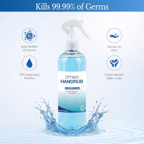 Image of Bjain Omeo Handrub Liquid Hand Instant Sanitizer Spray Pump 500ml, 70% Alcohol| Skin Friendly, Safe for Kids| 99.99% Germs Free Protection, Anti Bacterial| Advance Formula, Quick Dry
