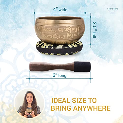 Tibetan Singing Bowl Set ~ Easy To Play ~ Creates Beautiful Sound For Holistic Healing, Stress Relief, Meditation & Relaxation ~ Peace Pattern ~ Gold Bowl With Black Pillow #TOP2