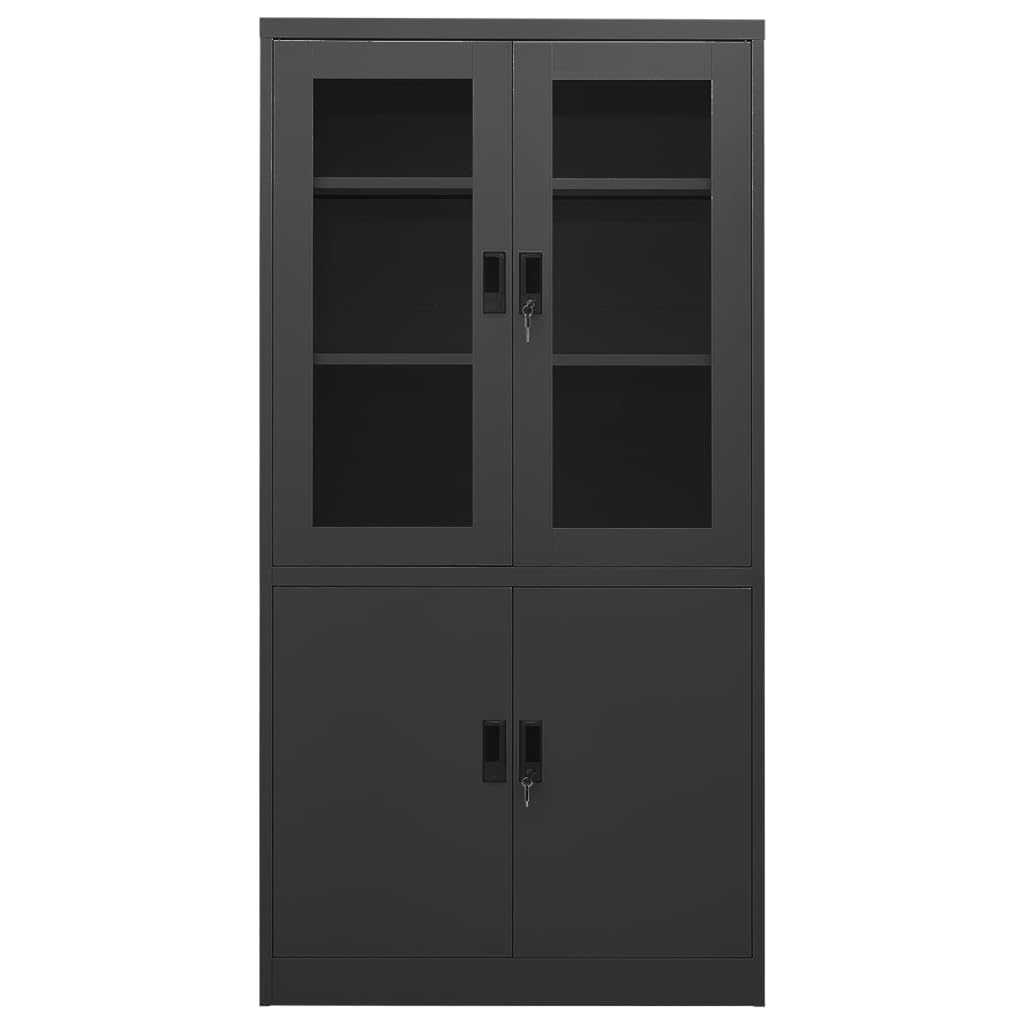 Hothingwell Antracytowa szafka biurkowa 90x40x180 cm ze stali, segregator z 3 regulowanymi półkami i 2 zamkami, drzwi ze szkła hartowanego do bezpiecznego przechowywania.