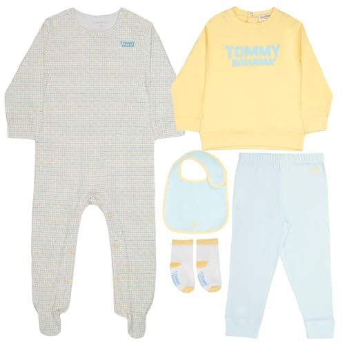 Tommy Bahama 5-Piece Baby Unisex Layette Set - Sleeper, Shirt, Pants, Bib, and Socks Bundle for Infants and Babies (Green/Yellow, Size 6/9M)