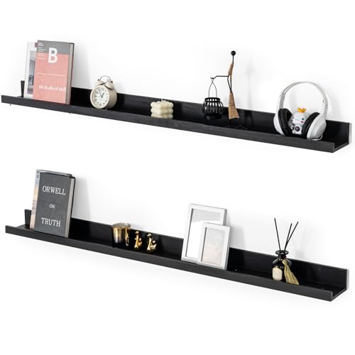 Muzilife 55" Large Floating Wall Ledge Shelves with Lip - Set of 2 Wood Floating Shelves - Black Wall Mounted Picture Ledge for Office, Bathroom, Bedroom, Living Room, Kitchen