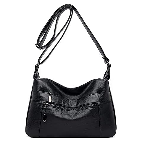 Womens Leather Crossbody Bags Multi Pocket Soft Ladies Leather Shoulder Handbag Lightweight with Adjustable Shoulder Strap Cover