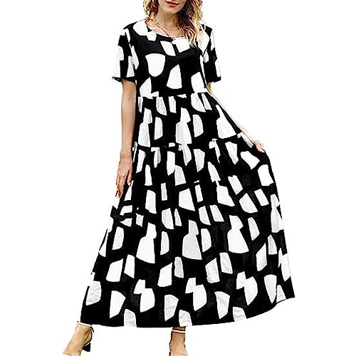 shownicer Damen Kleider Freizeit Lose Sommerkleid Lang Boho Maxikleid für Rundhals Strandkleid Blumenkleid A Schwarz XL
