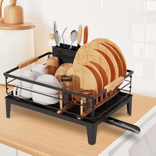JYPS Egoutoire Vaisselle, Égouttoir Vaisselle Cuisine INOX avec Porte-Gobelets et Porte-Ustensiles, Seche Couvert avec Plateau d'égouttage et Drainage Automatique, Dish Cuisine Rangement, Noir