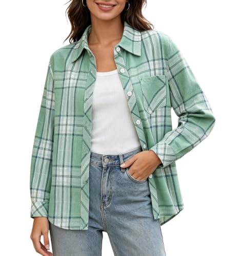 Image of SANGTREE Women and Girls Long Sleeve Flannel Casual Button Down Plaid Shirt