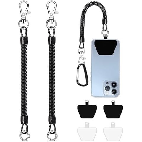 takyu Phone Tether, 2PCS Phone Leash Anti-theft Phone Strap with 4*Patch and 1*Carabiner for Outdoor Hiking Climbing Fit for iPhone Samsung Most Smartphones (Black+Black) Cover