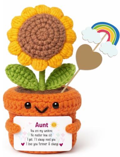 Frabaca Christmas Aunt Gifts from Niece or Nephew - Handmade Crochet Sunflower Affirmation Plush Desk Decor for Auntie Birthday, Valentine's Day, Mother’s Day