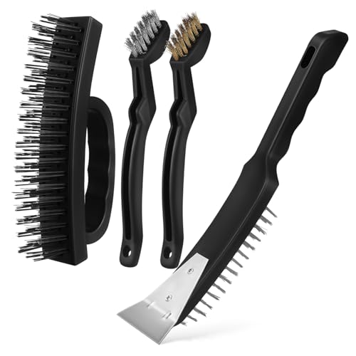 HAWILLOSCH Steel Wire Brush Kit 4 Pieces for Paint Removal Rust Cleaning Auto Detailing Industrial Home Cleaning