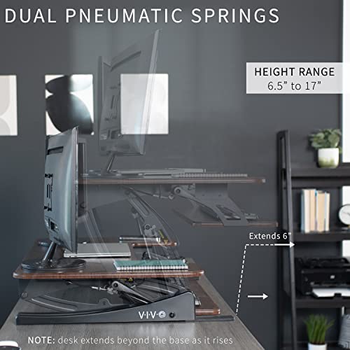 Image of VIVO Dark Walnut 36 inch Standing Desk Converter, DESK-V000VD | Height Adjustable, Stand Up Desk Riser, Wide Keyboard Tray, Dual Monitor and Laptop Workstation, Black Frame, V Series