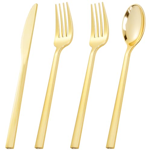 Rubtlamp 3 Packs of 60 Pcs Gold Plastic Silverware - 180 Pcs Heavy Duty Disposable Plastic Utensils - Gold Plastic Cutlery Set for Party&Wedding