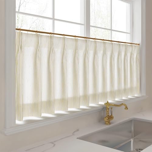 Image of TWOPAGES Pinch Pleat Cafe Curtains 24 Inch Long Ticking Stripe Light Filtering Farmhouse Half Window Curtains for Kitchen (Khaki Pinstripe, 26W x 24L Inches, Set of 2)