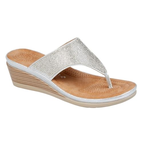 Cipriata L238FS-4 SANDRA Womens Toe Post Diamonte Wedge Sandal Silver Sparkle size 4 UK