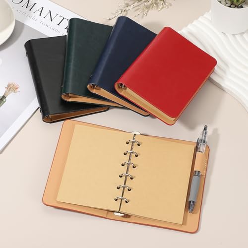 Image of PATIKIL 6 Ring Binder Cover, 2 Pack A7 Kraft Leather Notebook Binder Mini Refillable Loose Leaf Personal Planner with 50 Sheets Paper, Red