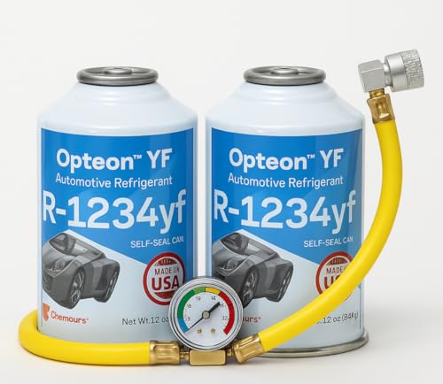 R1234YF (2) Replacement Compatible Automotive ac REFRIGERENT 12 oz Cans with self Sealed Valve for Easy use + Reusable Hose+ Gauge Made in The USA. Replacement R1234yf + Gauge kit