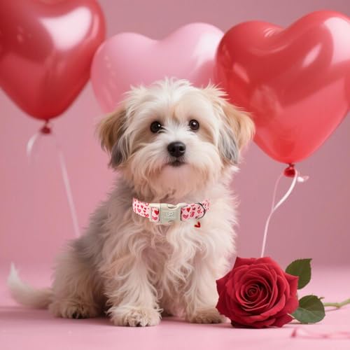 Image of Valentine's Dog Collar, UP URARA PUP Pink Heart in Red Adjustable Pet Collar with Bowknot Charm, Wedding Dog Accessories for Small Medium Large Dogs